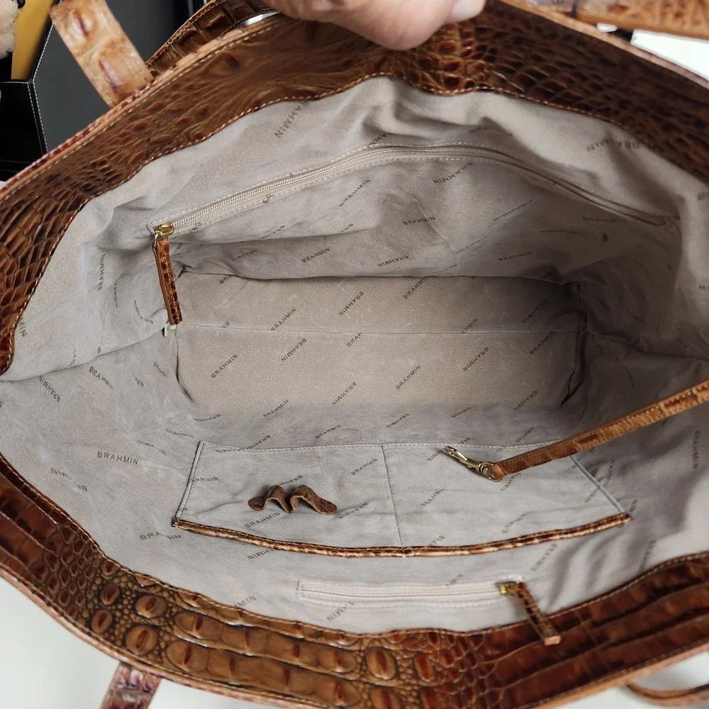 Brahmin All Day Tote Toasted Almond Croc Embossed Leather Large Shoulder Bag - Picture 8 of 14
